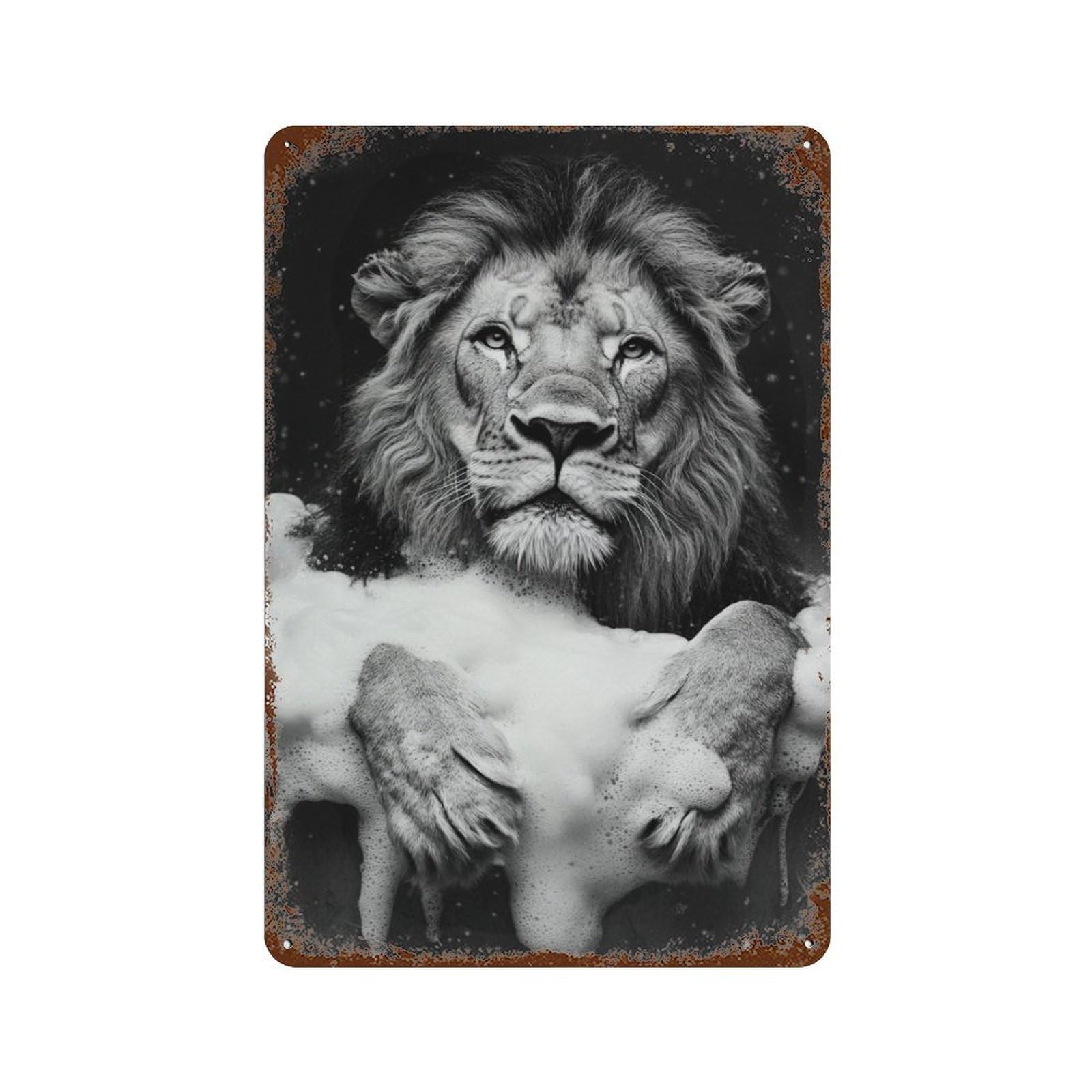 Lion Bath Time Fun 11.8"x7.9" Vintage Rust Metal Sign, Classic Wall Plaque for Pub, Kitchen And Man Cave Decor