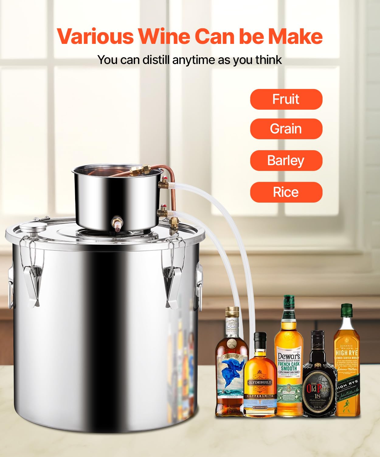 VEVOR Distillatore di Alcool 50 L Distillatore di Alcool Acqua in Acciaio Inossidabile con Bobina di Rame, Kit di Fermentazione per Raffinazione Birra Fatta in Casa con Termometro e Pompa, Argento
