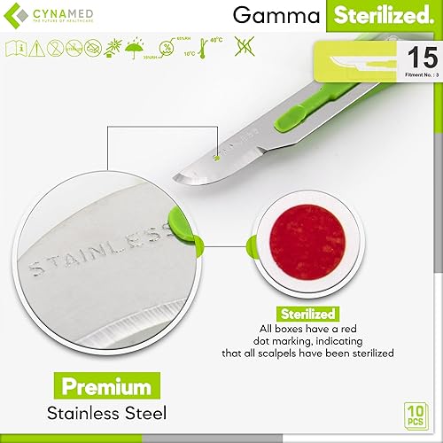 Vista 40 de Cynamed - Bisturí desechable con asas graduadas, cuchillas de acero inoxidable quirúrgico, estéril, bolsas fáciles de quitar (caja de 10), ideal