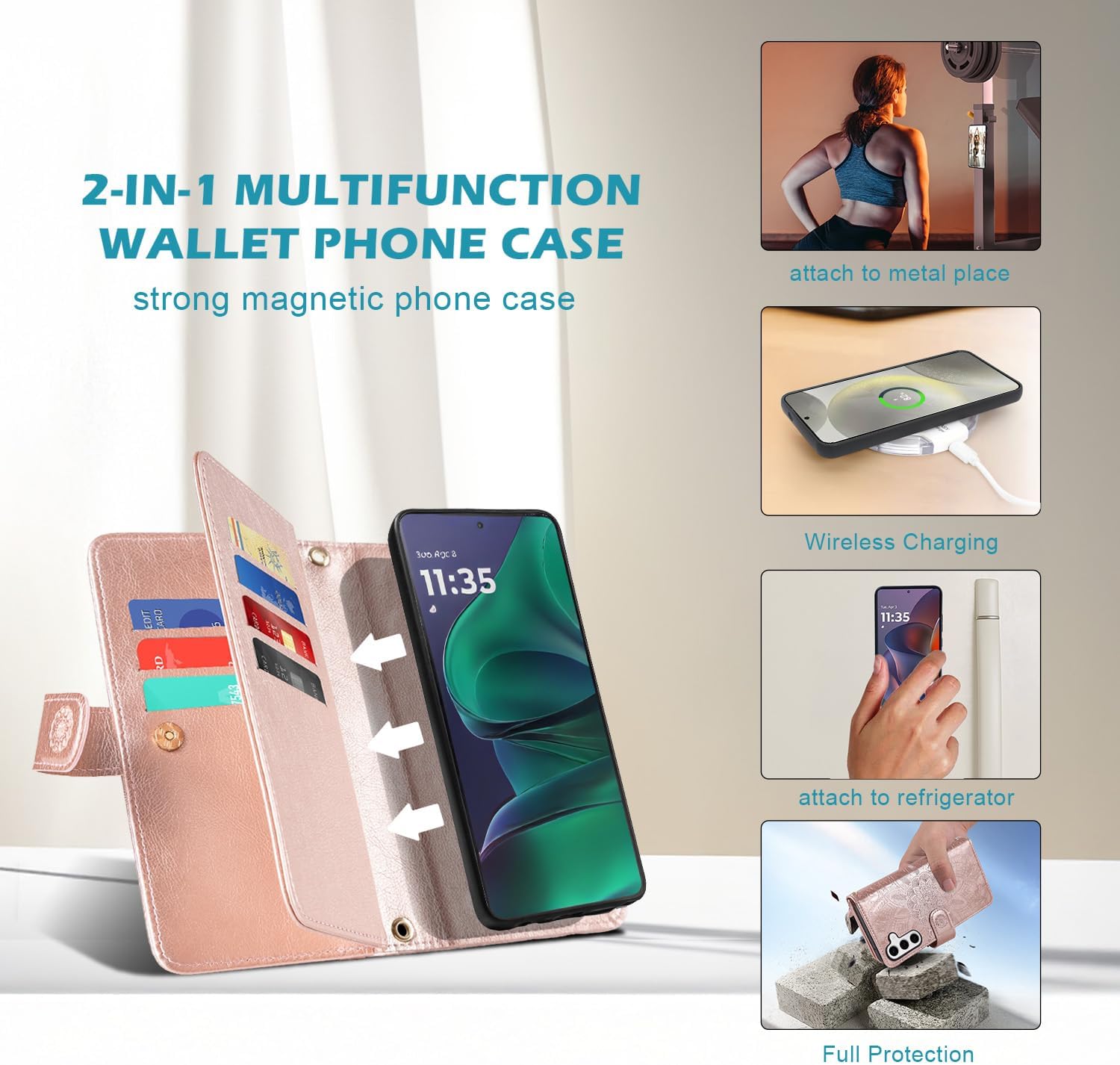 Harryshell Compatible with Samsung Galaxy S25+ Plus Wallet Detachable Magnetic Phone Case Wireless Charging [RFID Blocking] Card Slots, Cash Zipper Pocket Wrist Strap 6.7 inch (Floral Rose Gold)
