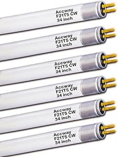 6pack F21T5/841 34 inch Cool White Fluorescent Light Bulb, 21Watt 4100K Neutral White Light T5 Type Tube, High Brightness 1780 Lumen