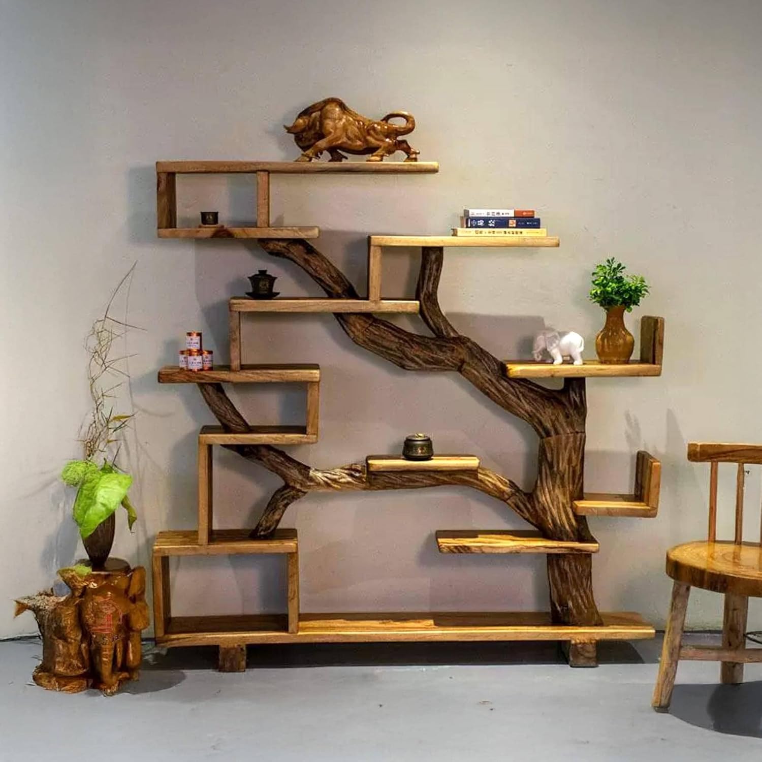 Solid Wood Floating Tree Bookcase for Bedroom, Living Room, Home Office(BROWN)