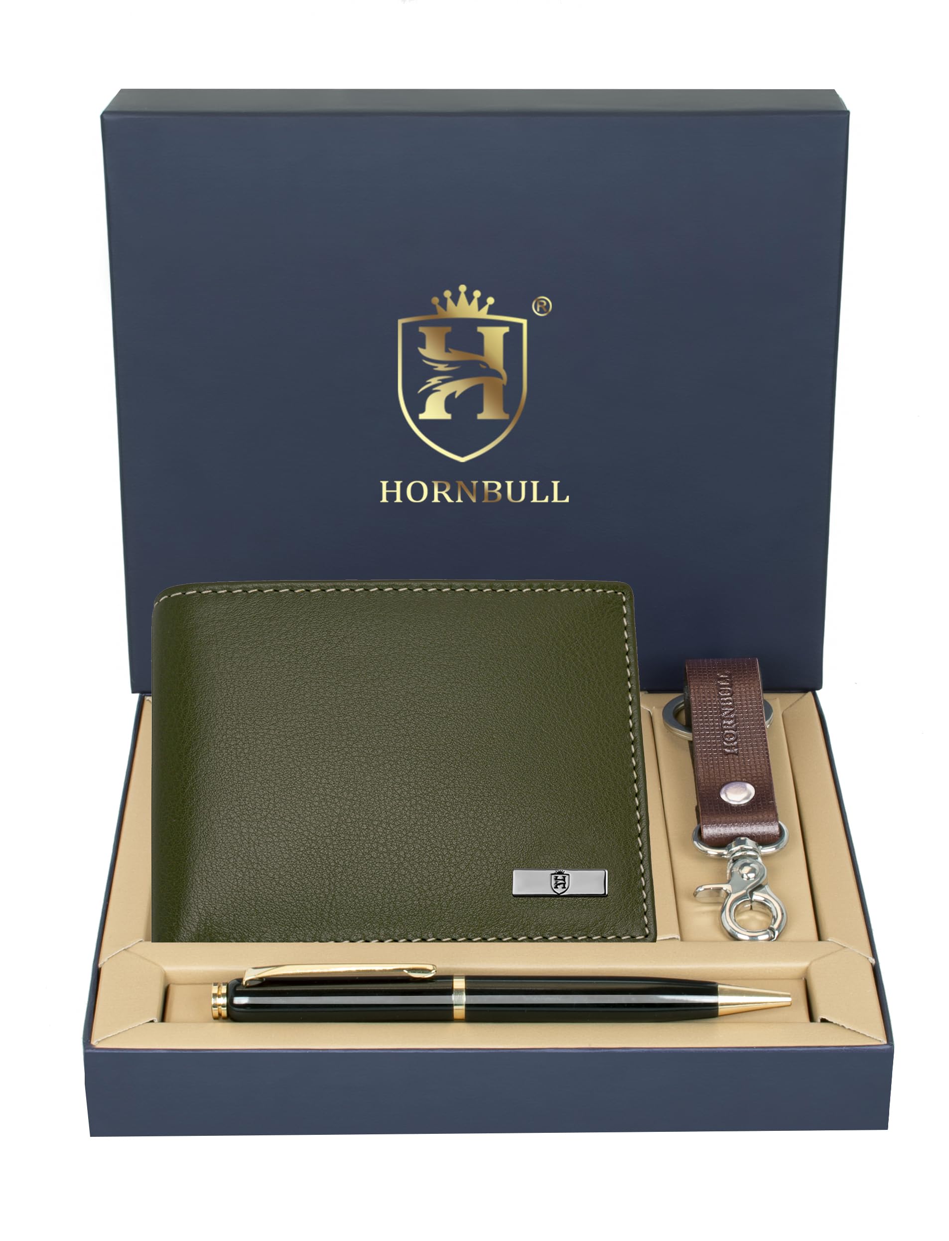 HORNBULL Maddison Olive Leather Wallet for Mens, Keyring & Pen Combo Gift Set for Men | Wallet Men Leather Branded - Image 2 thumbnail