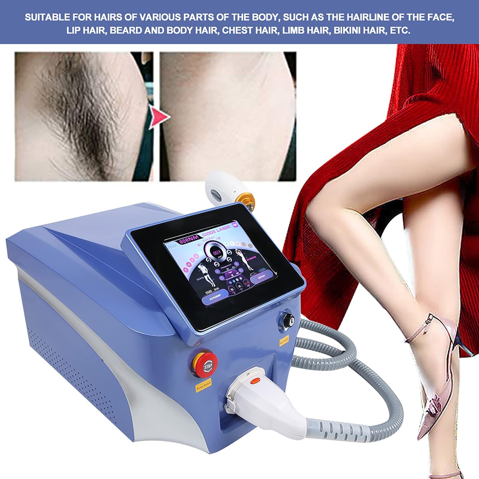 Máquina de depilación permanente láser de diodo 808, máquina de depilación portátil para mujeres y hombres, para uso facial, piernas, brazos, todo el cuerpo, removedor de vello profesional