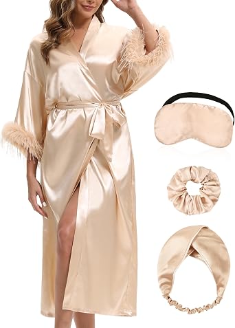 EPLAZA Bride Robe for Wedding Day Bridal Robes with Feather Long Satin Kimono Robes for Bachelor Party Getting Ready Outfits