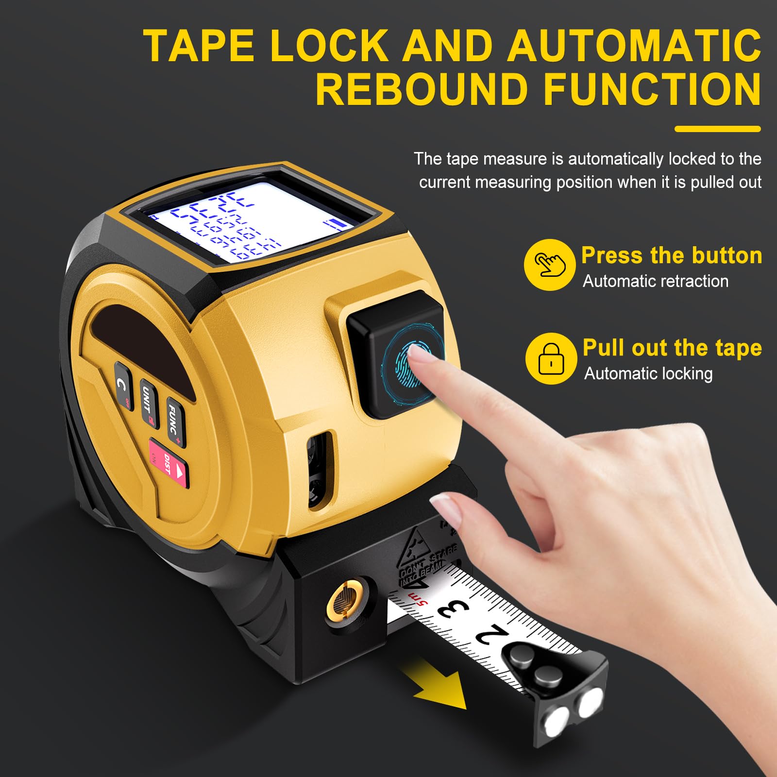 Metro a Nastro Laser, 60m Misuratore Laser e 5m Metro a Nastro, Memoria Per 20 Misurazioni, Unità Ft/In/M, per Misurazione di Distanza, Area e Volume