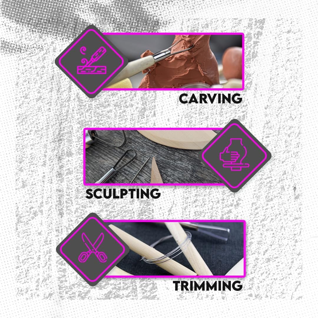 RENOVON Ahşap Saplı Seramik ve Doğal Kil Hamuru Oyma Şekil Verme Alet Seti Yeni Başlayanlar İçin Ceramic Şekillendirme El Aleti Seti (Kırmız Kil/Terra Cotta Clay) Pottery Tool kit