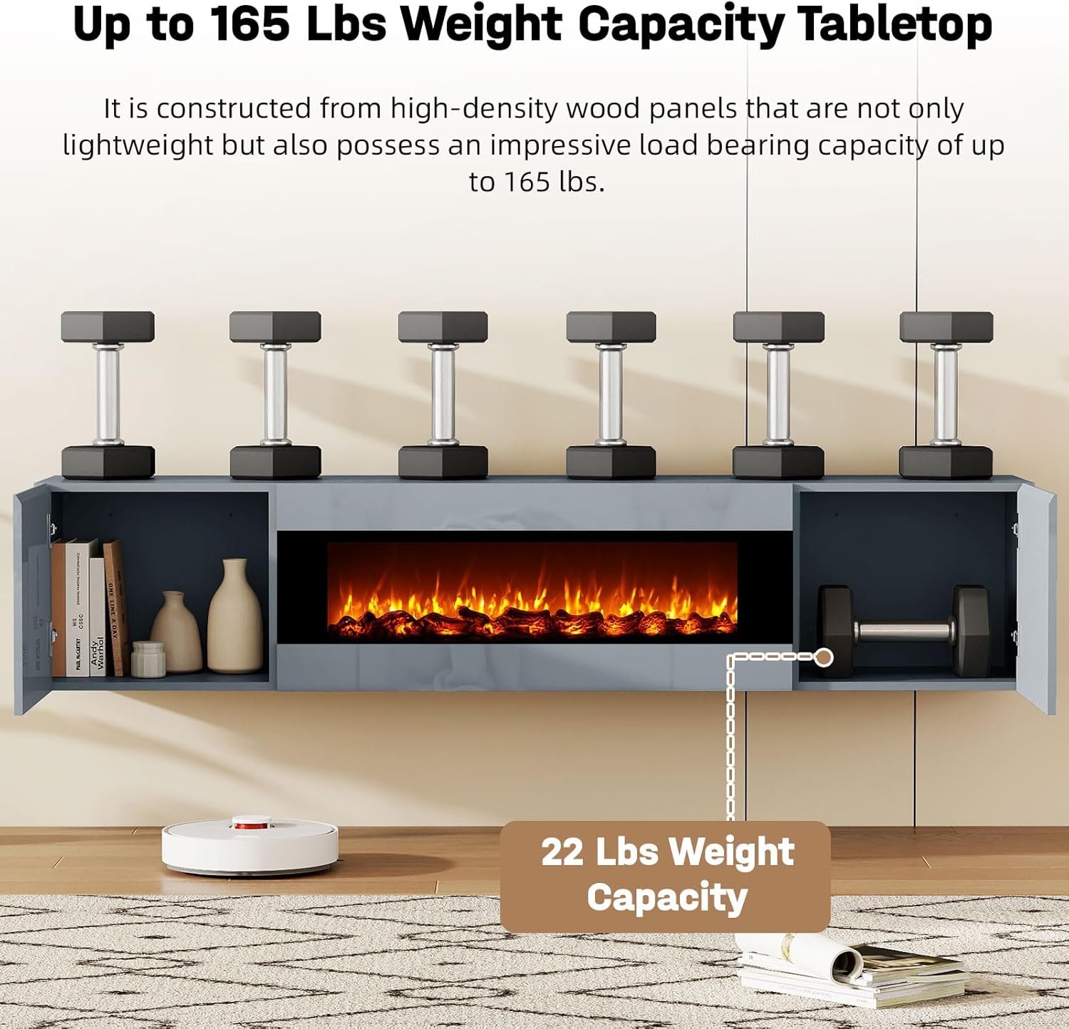 70" Wall Mounted Floating TV Stand with 36" Electric Fireplace, High Gloss Floating Entertainment Center TV Shelf for TVs Up to 80", Grey Fireplace Media Console Table Floating TV Cabinet Living Room