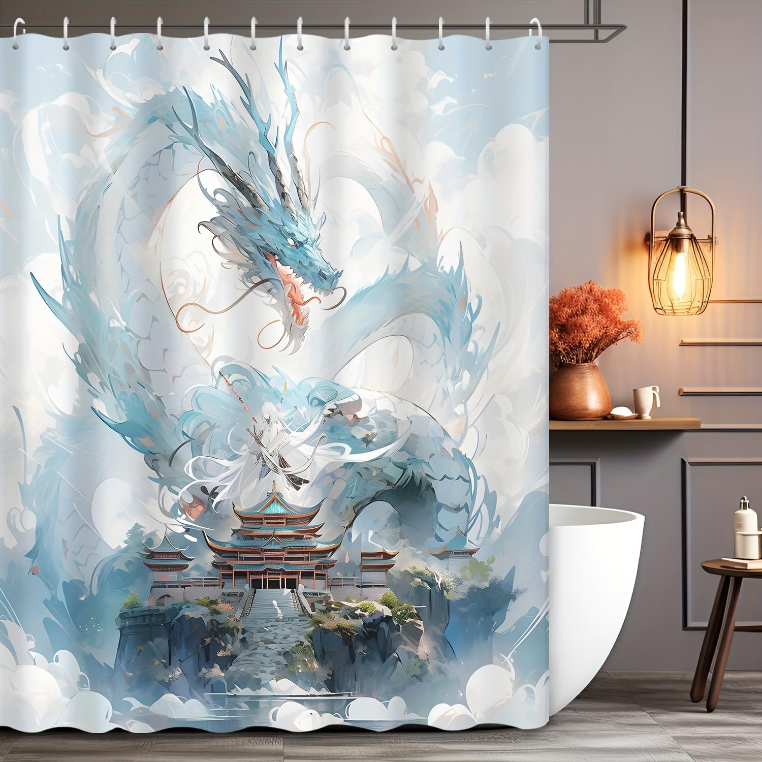 GLKSDLPO 1pc Chinese-Style Anime Blue Dragon & Ancient Palace Shower Curtain - All-Season Use, Ideal for Bathroom(180x215cm/71x85in(WxH))