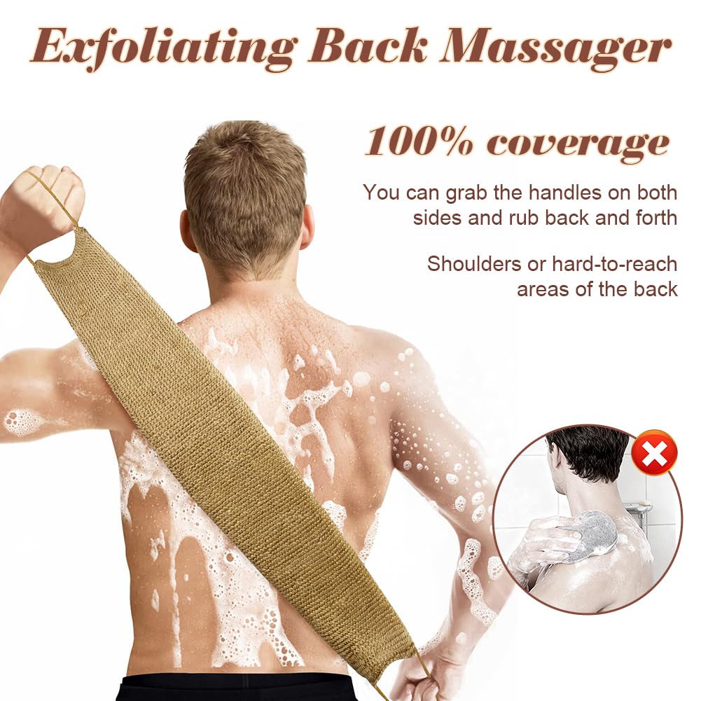 LOPHE Ensemble de Gommage Dorsal en Jute Comprenant Des Gants Exfoliants, Serviette Exfoliante Extra Longue, Sangle Exfoliante Naturelle pour le Dos, Gants de Bain pour Hommes et Femmes