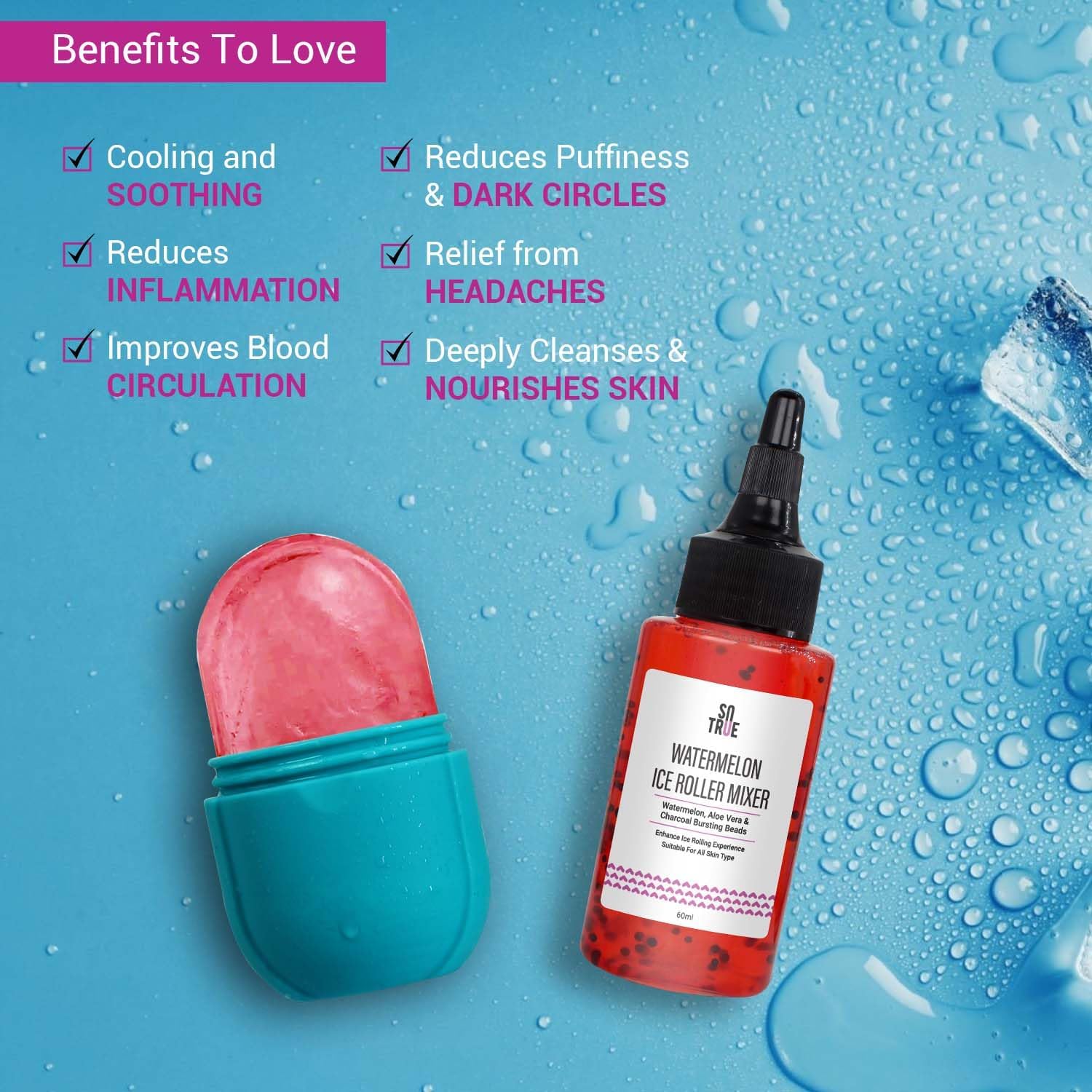 SOTRUE Ice Roller for Face, Neck and Body | for Puffy Eyes, Easy to Use and Carry | Unbreakable and Reusable | Glowing and Clear Skin