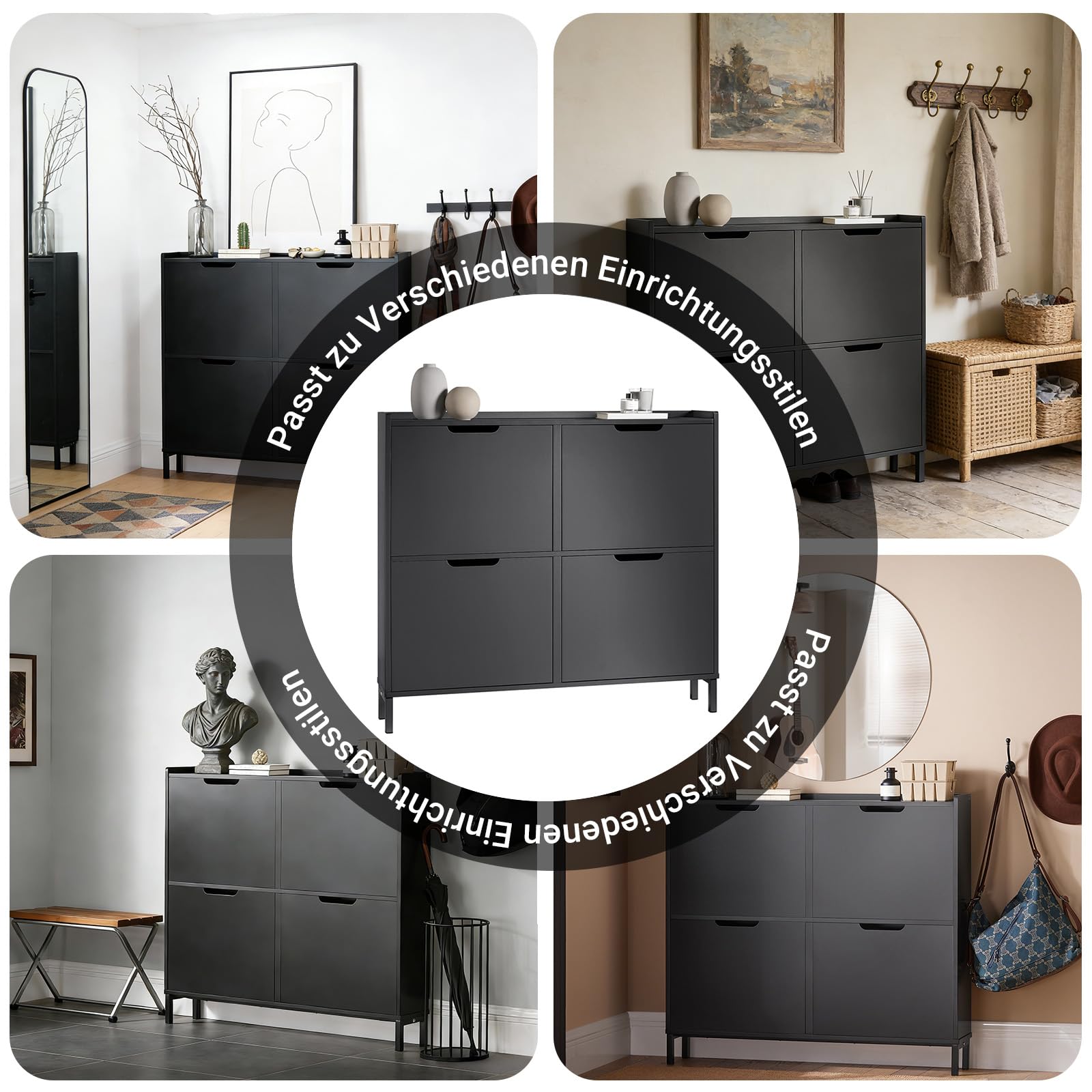SoBuy Schuhschrank Schmal mit 4 Klappen - Platzsparender Schuhkipper für Kleine Wohnungen, Enge Flure & Durchgänge, Flurschrank für Familien mit Kindern, Designliebhaber 100x91x19cm Schwarz FSR100-SCH
