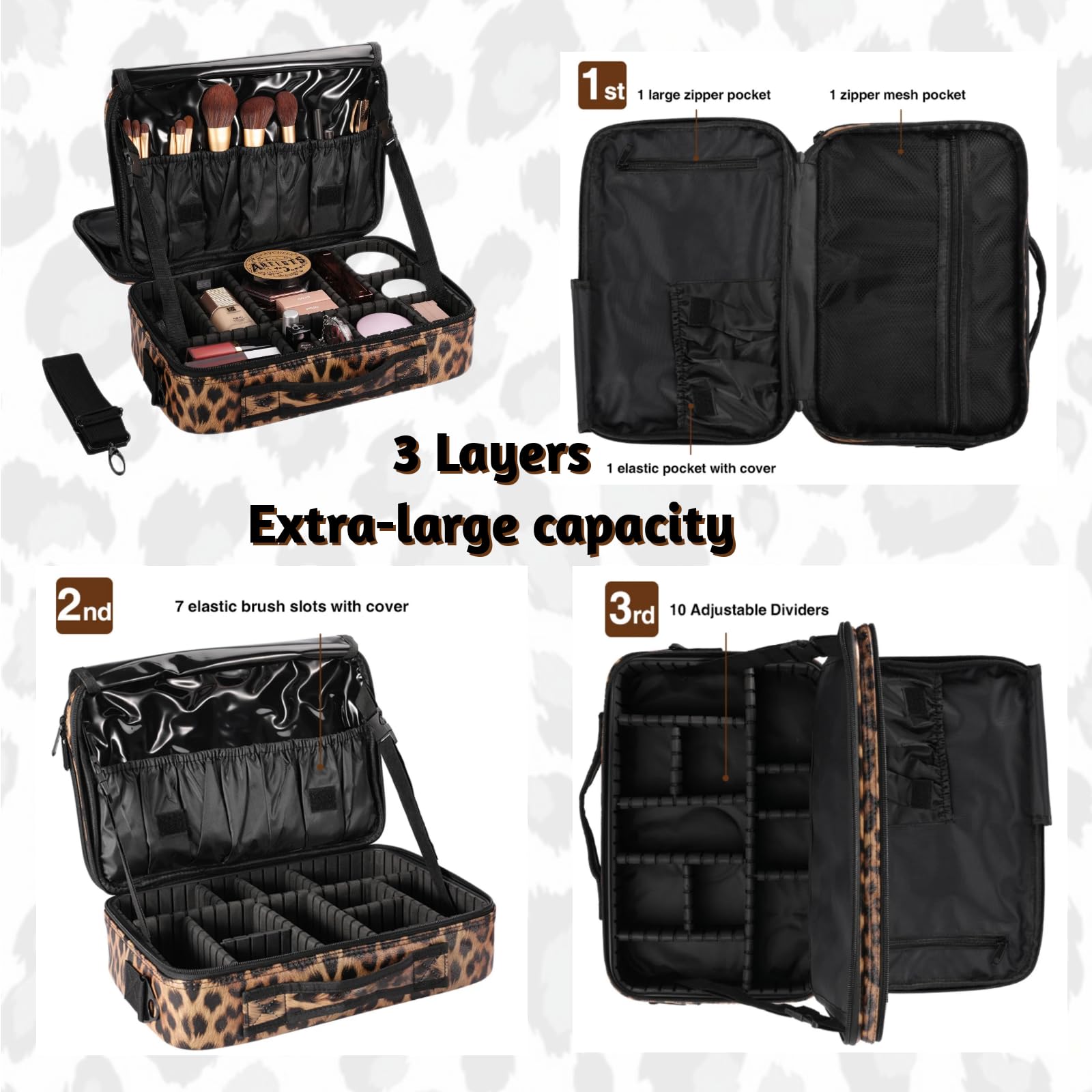 GERYUAEG Makeup Case Large Travel Makeup Bag 3 Layers Cosmetic Train Case Cosmetic Organizer Brush Holder Waterproof Makeup Storage Bag with Adjustable Dividers and Shoulder Strap (Leopard)