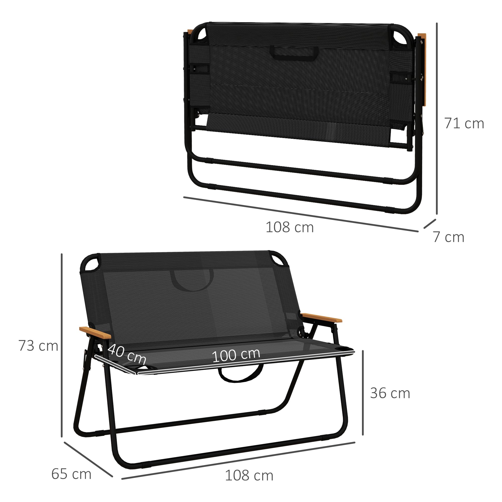 Outsunny 2-Sitzer Gartenbank, Sitzbank, Klappbare Campingbank, Klappbank bis 220 kg belastbar, für Camping, Terrasse, Mesh, Schwarz, 108 x 65 x 73 cm