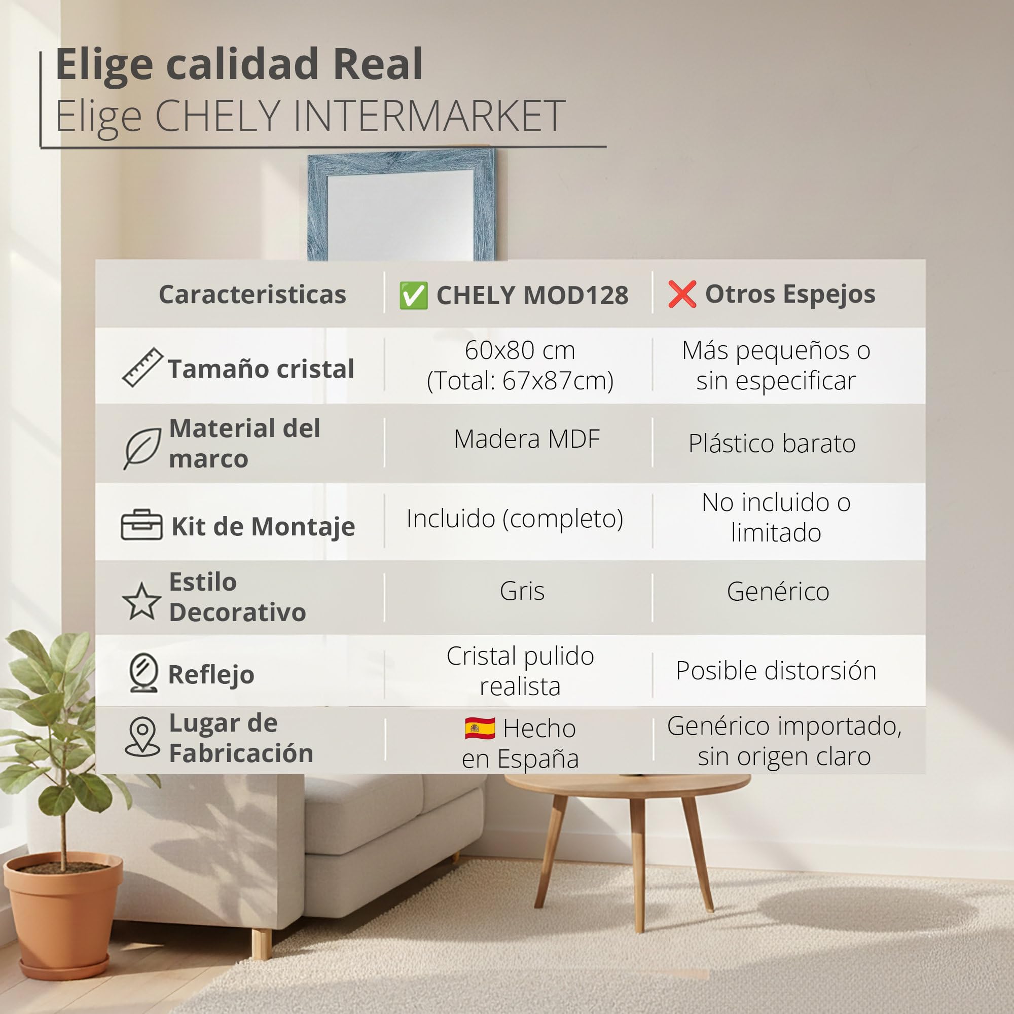 CHELY INTERMARKET MOD128 Espejo Pared Vertical Decorativo Grande Estilo Moderno Marco Madera Cuerpo Entero Elegante 60x80 cm Gris 2004 Ideal Recibidor Dormitorio Baño Incluye Kit Montaje