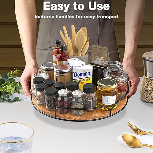 Miniatura 6 de Lazy Susan - Organizador giratorio con alfombrilla antideslizante para gabinete, despensa, cocina, encimera, refrigerador, oficina, madera de pino,