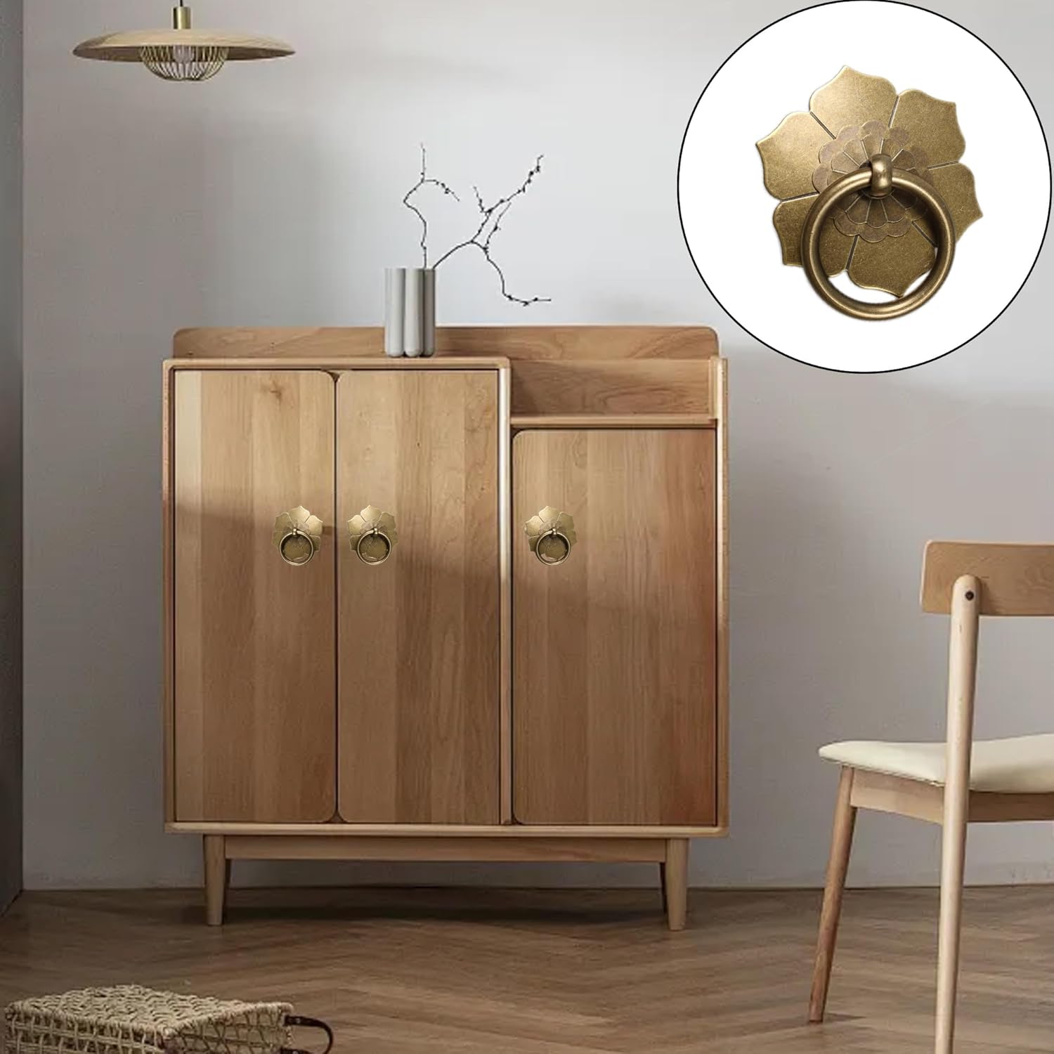 4PCS Vintage Drop Ring Pulls Knobs, Brass Flower Shape Dresser Drawer Cabinet Pulls, Antique Single Hole Furniture Pulls Handles, Bronze