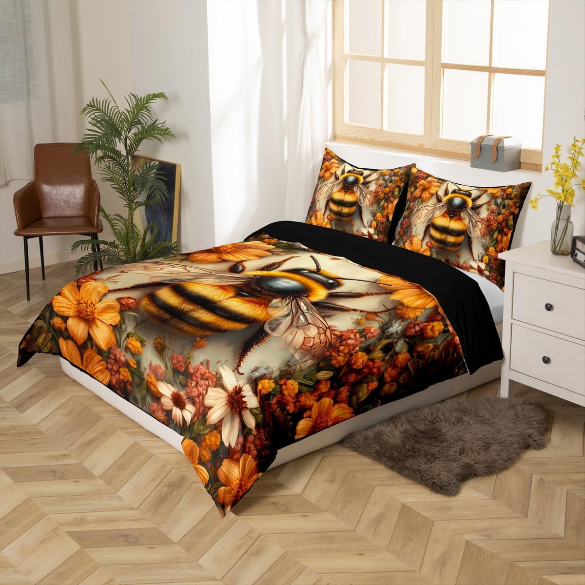 jejeloiu Honey Bee Duvet Cover Queen Size Yellow Bee Bedding Set for Boys Girls Floral Comforter Cover Bedroom Decor 3Pcs Zipper Closure with 2 Pillowcases