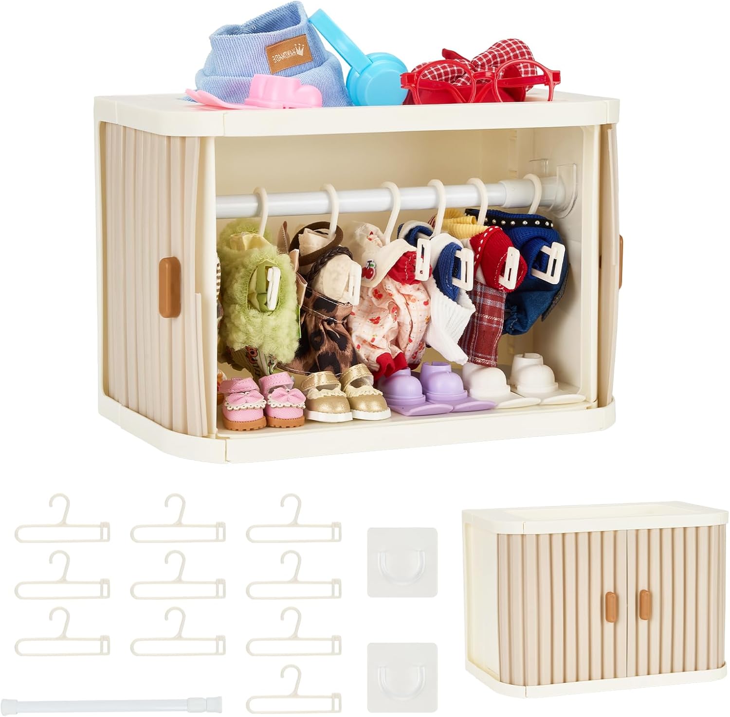 Foldable Doll Wardrobe Closet Compatible with Labubu Clothes – Stackable Storage Box with 10 Hangers, Rod & Display Shelf for 15/17cm Doll Outfits (Grey)