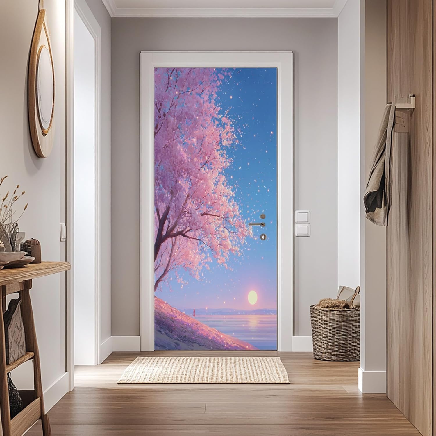 Sticker Porte Fleurs de Cerisier, Stickers Porte Trompe L'oeil Fleurs de Cerisier Autocollant Poster Auto-Adhésif Art Décor Pour Chambre Salon Salle de Bain Papier Peint 95x215 cm 4939n