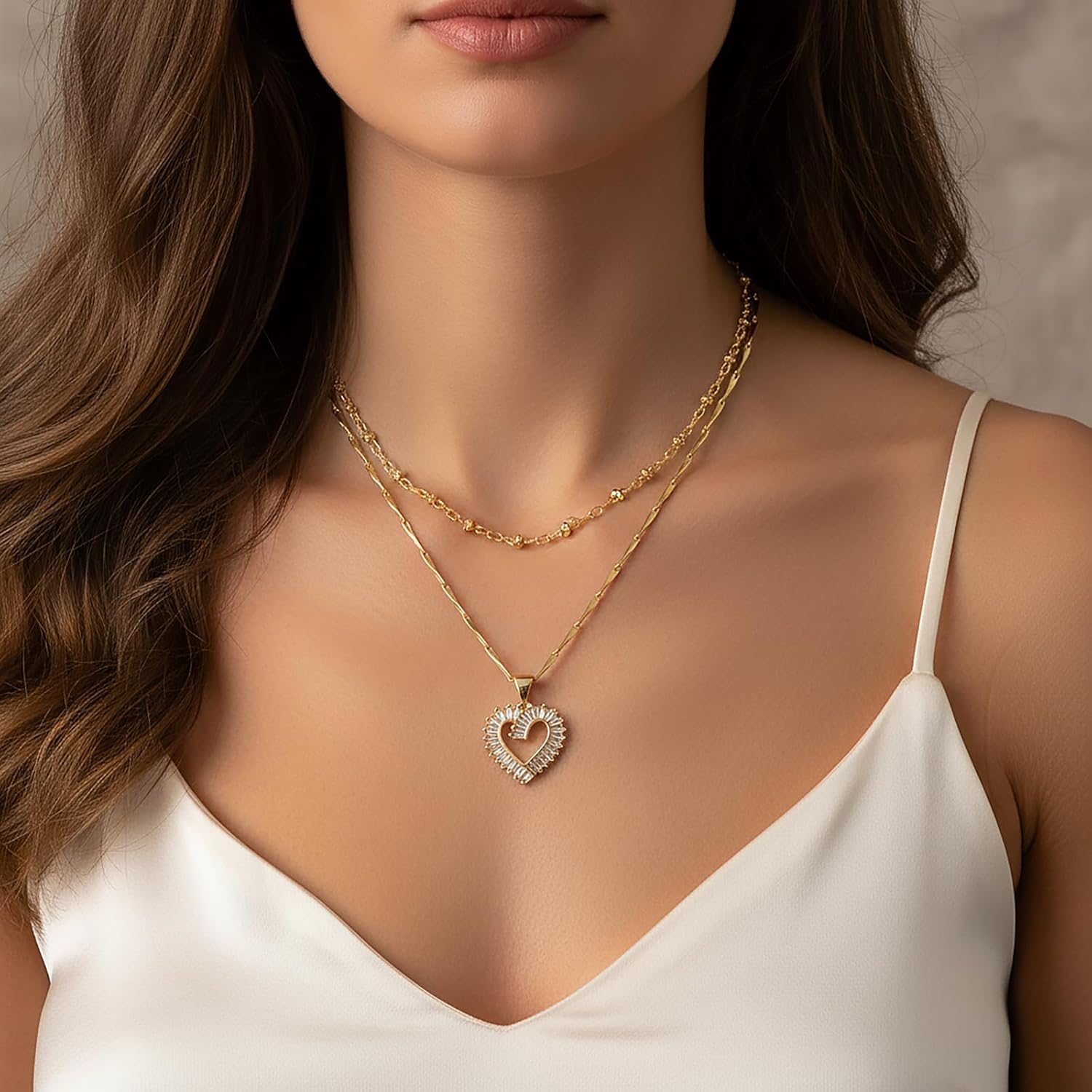 Heart Necklaces for Women Trendy 14k Gold Plated Dainty Layered Chain Necklace Set,Cubic Zirconia Heart Pendant, Stackable Choker Jewelry Gifts for Her - Image 3