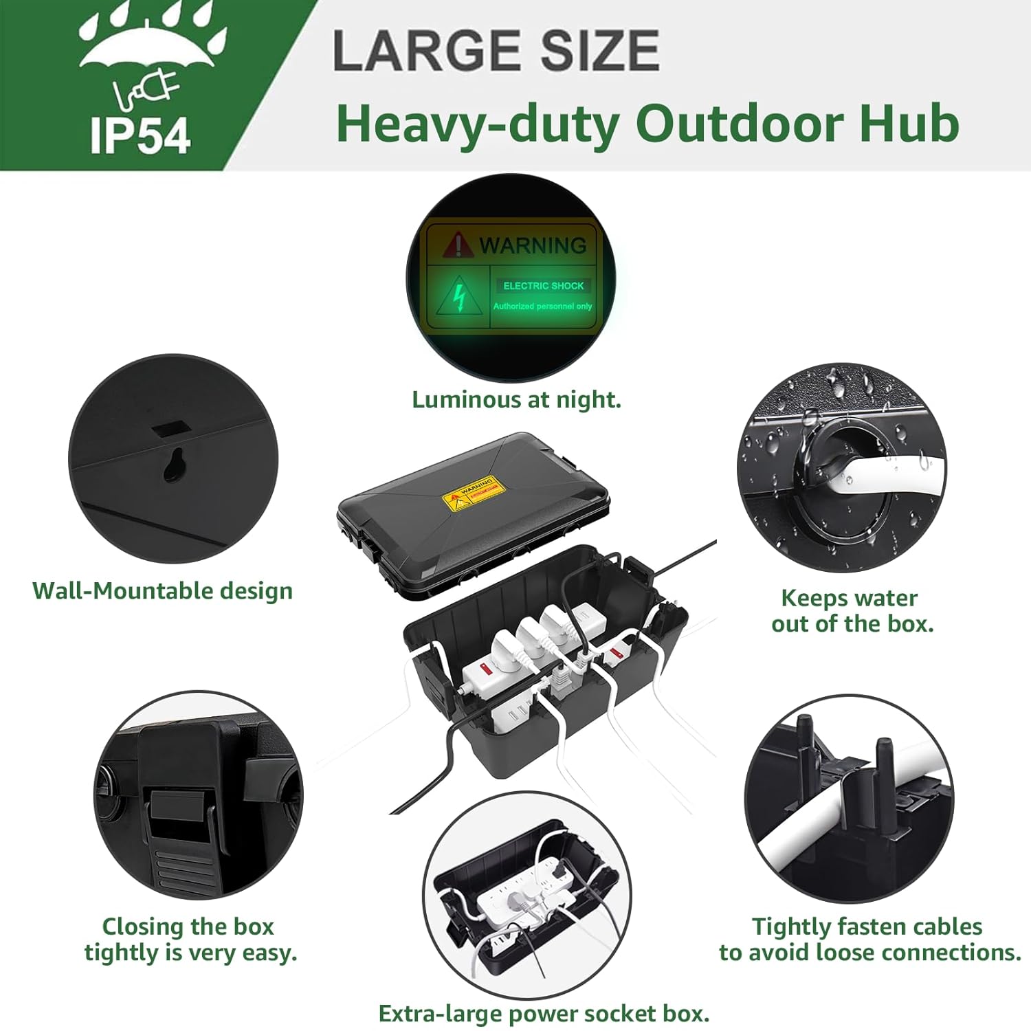 NineLeaf Large Waterproof Outdoor Electrical Box (12.5 x 8.5 x 5 Inch), IP54 Extension Cord Cover with 7 Cable Entries, Plug and Outlet Protector for Garden Holiday Lights, Black,3PK