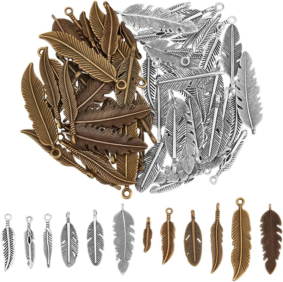 PH PandaHall 72pcs 12 Style Antique Silver and Bronze Feather Pendants Charms Beads for DIY Dreamcatcher Necklace Bracelet Jewellery Making