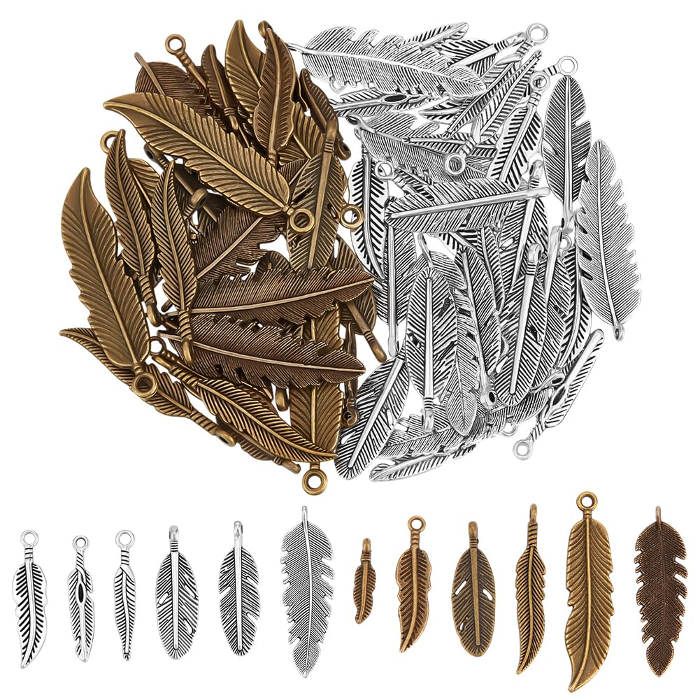 PH PandaHall 72pcs 12 Style Antique Silver and Bronze Feather Pendants Charms Beads for DIY Dreamcatcher Necklace Bracelet Jewellery Making