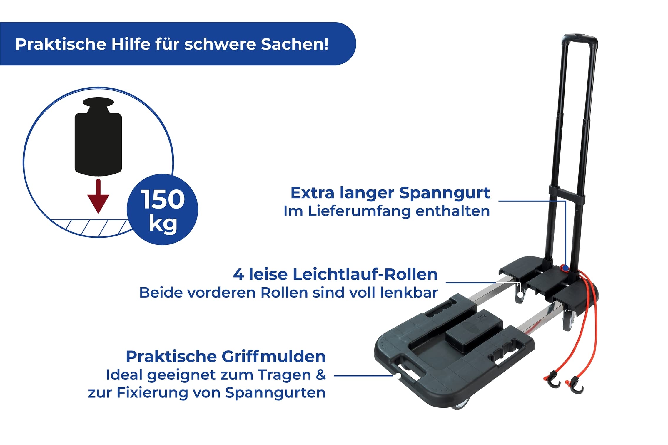 Maximex Sackkarre Mod. Transport-Profi ausziehbarer Ziehwagen stabile Transporthilfe mit höhenverstellbarem Griff bis 150 kg belastbar 56-76x38x13,5 cm Kunststoff PP Stahl TPR Schwarz Silber