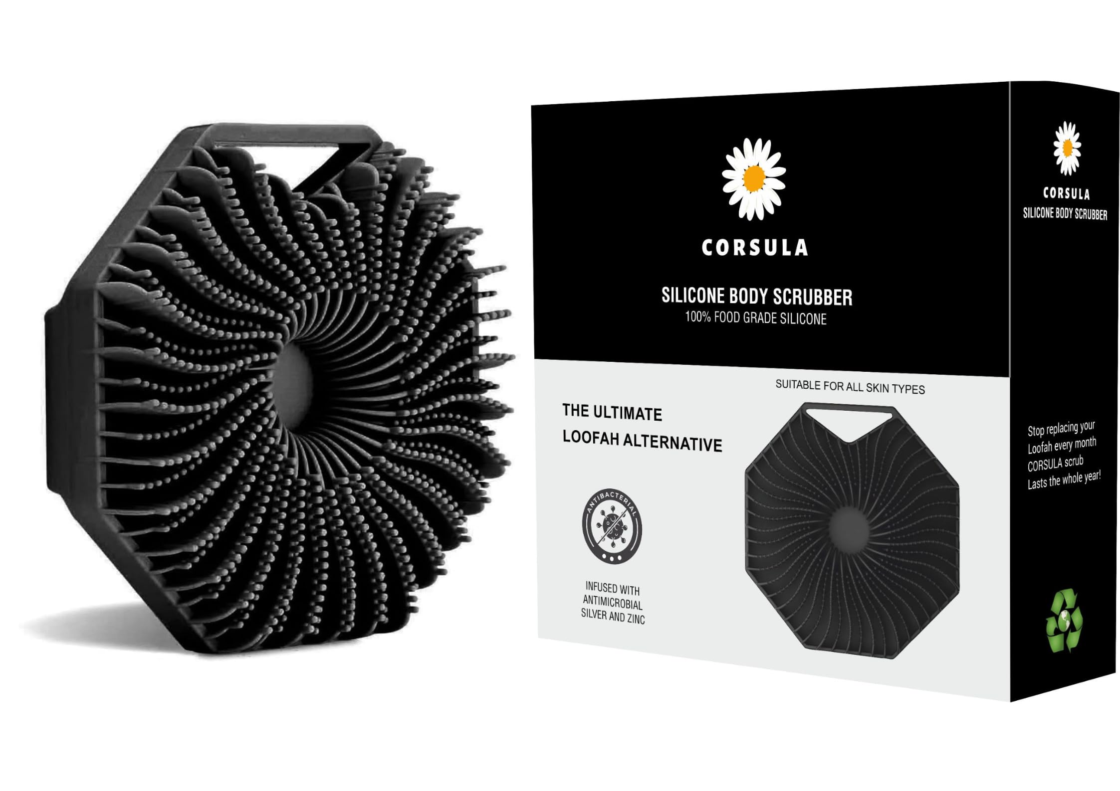 CORSULA Silicone Body Scrubber | Silicon bathing brush Silicone Body Brush | Dry Brush Body Exfoliating Brush Gentle Exfoliating for Women,Men and Babies with Sensitive Skin (Black)