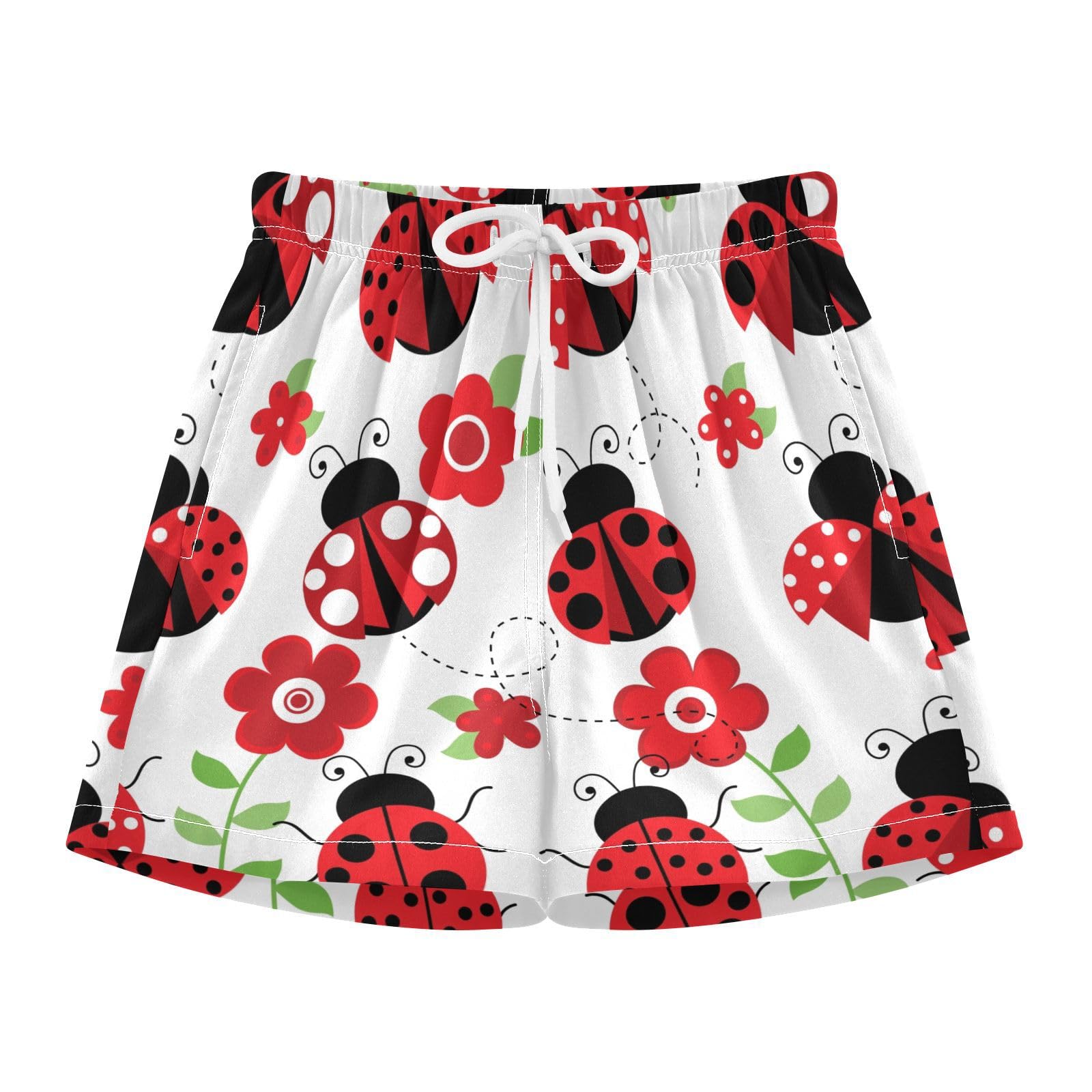 Aflyko Natural Boys' Board Shorts Ladybug Cute Red Flower Girls Swim Trunks Beach Bathing Suit 4-13T