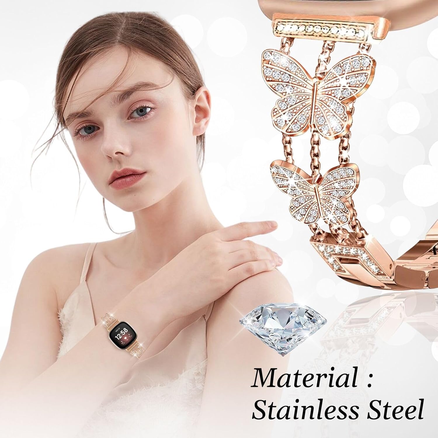 Bling Metal Band, Compatible for Fitbit Versa 4/Sense 2/Versa 3/Sense Band, Diamond Butterfly Stylish Worn Daily Women Adjustable Strap for Fitbit Smartwatch - Image 3
