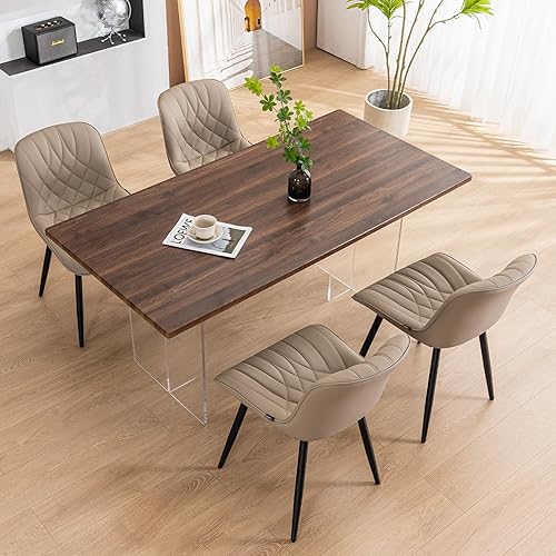 Miniatura 8 de YOUNUOKE Juego de 2 sillas de comedor modernas de mediados de siglo, cómodas sillas tapizadas de piel sintética para cocina, comedor, color caqui