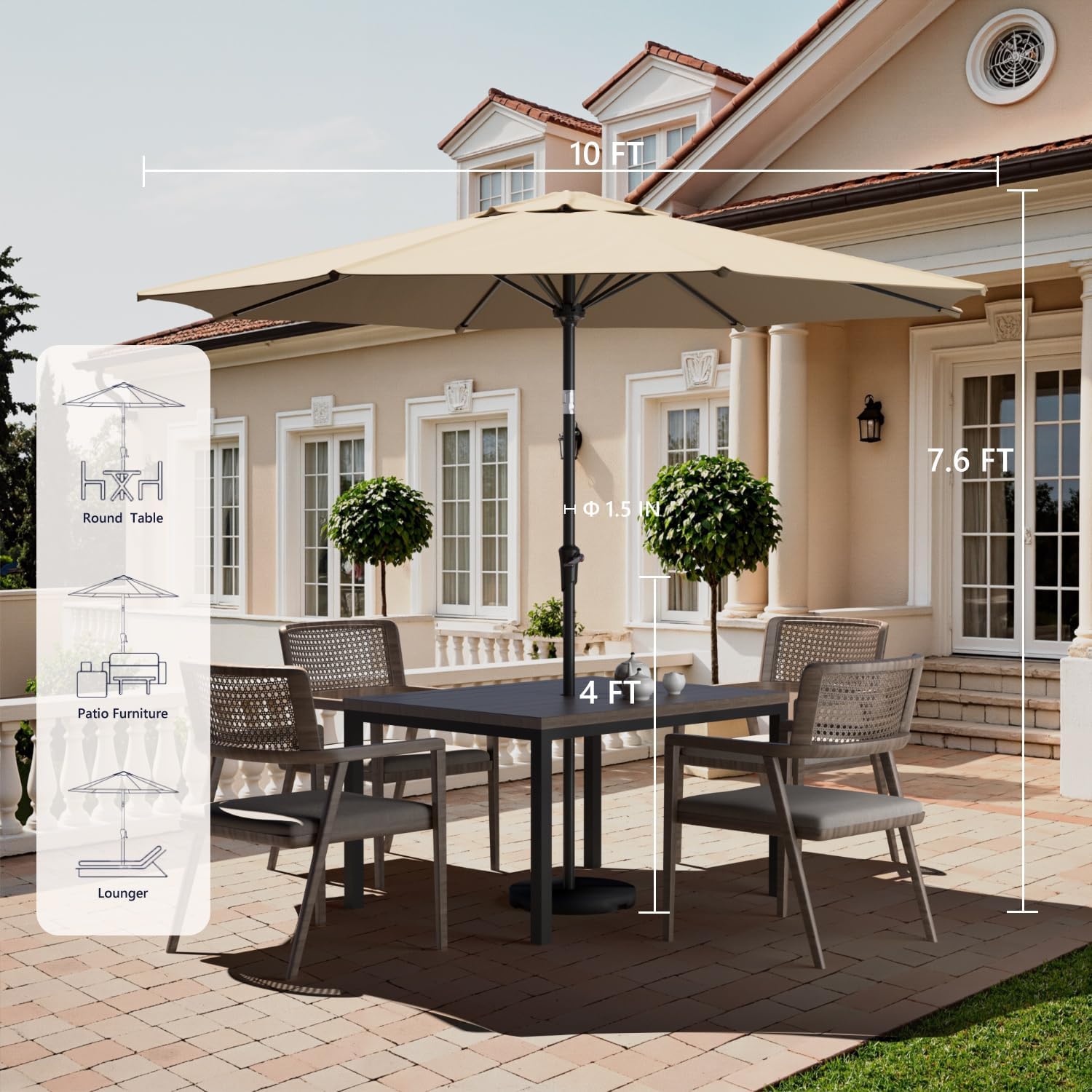Outdoor Patio Umbrella with One Push Button Tilt and Crank, 8 Sturdy Ribs Market Table Umbrella