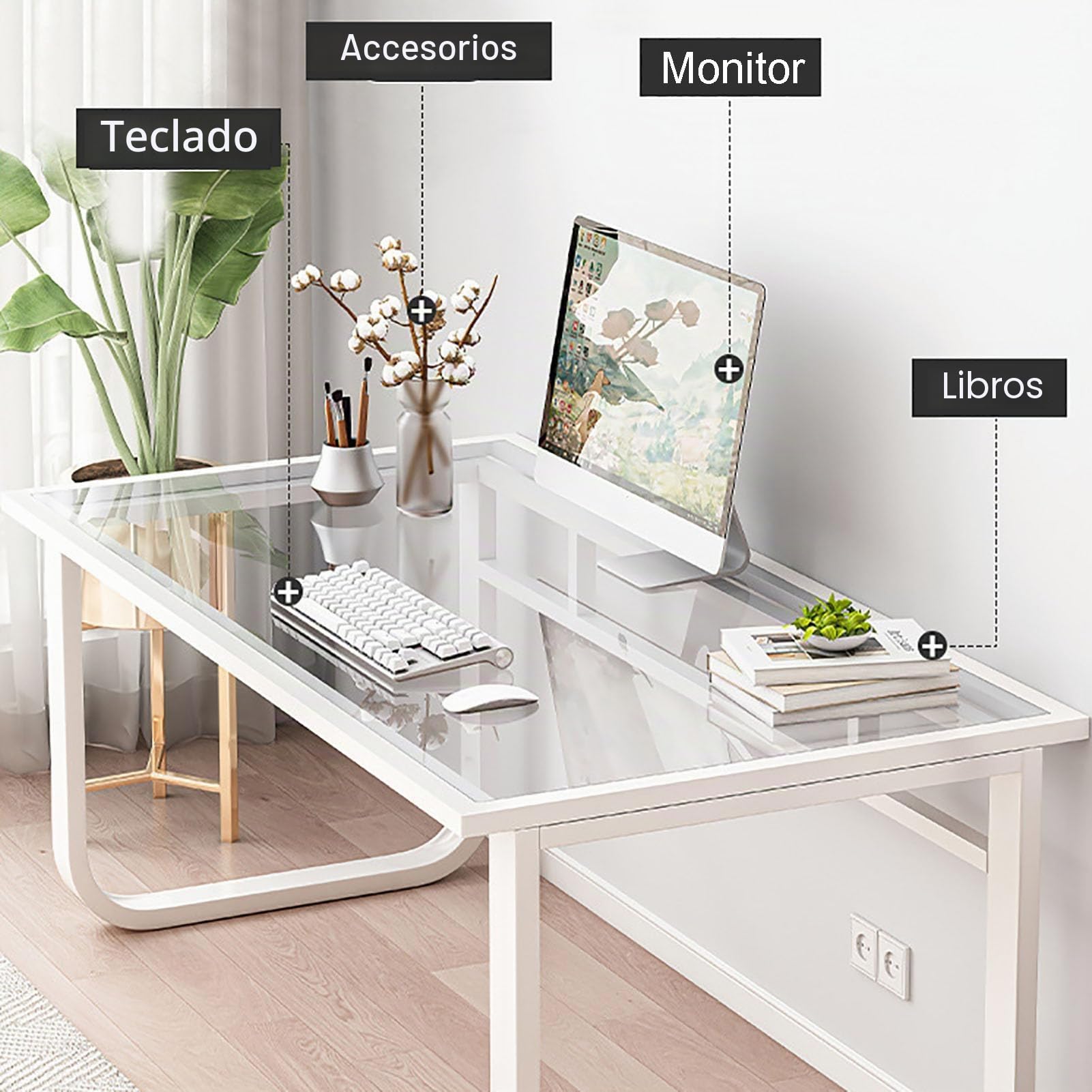 Escritorio de cristal para computadora, moderno y simple, escritorio de estudio con patas de metal, color blanco, 120 x 70 x 72 cm, perfecto para oficinas en casa y espacios pequeños, mesa de trabajo