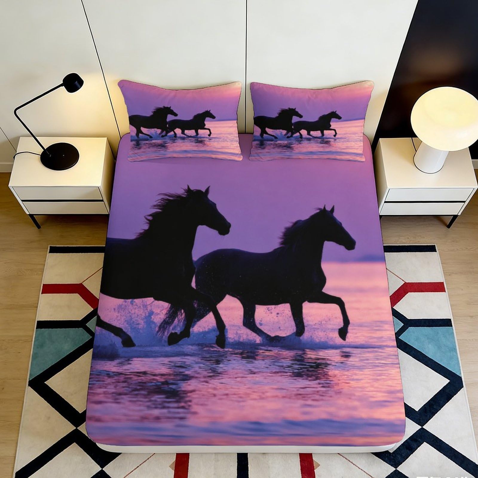 3D Printed Galloping Horse Fitted Sheet Microfiber Deep Pocket Non-Slip Horse Bedroom Mattress Fitted Cover Washable 140x200x25cm