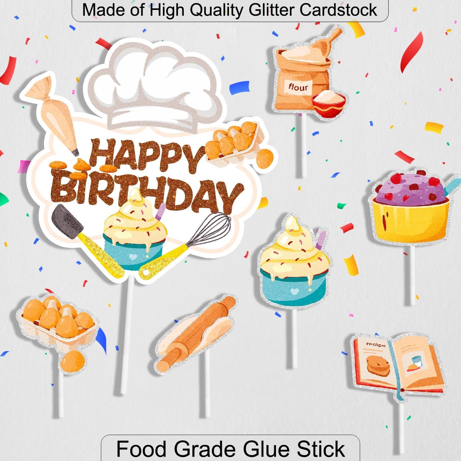 Baking Themed Happy Birthday Cake Toppers for Kids - Great baker birthday party, baby shower party, dessert party decoration for boys and girls - SugarGera