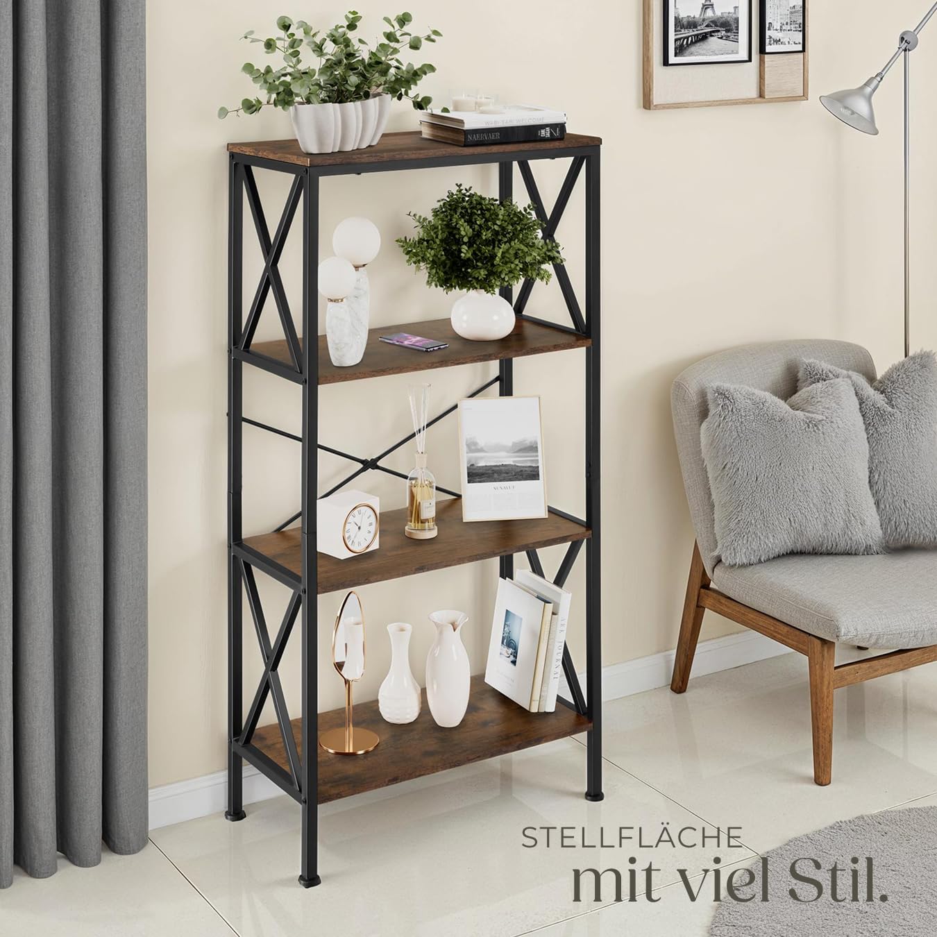 tectake® Industrial Regal mit 4 Ebenen, 61,5 x 31,5 x 133,5 cm, Standregal, Bücherregal, für Deko Wohnzimmer, Möbel für Arbeitszimmer, als Wohnzimmerschrank - Industrial Dunkelbraun