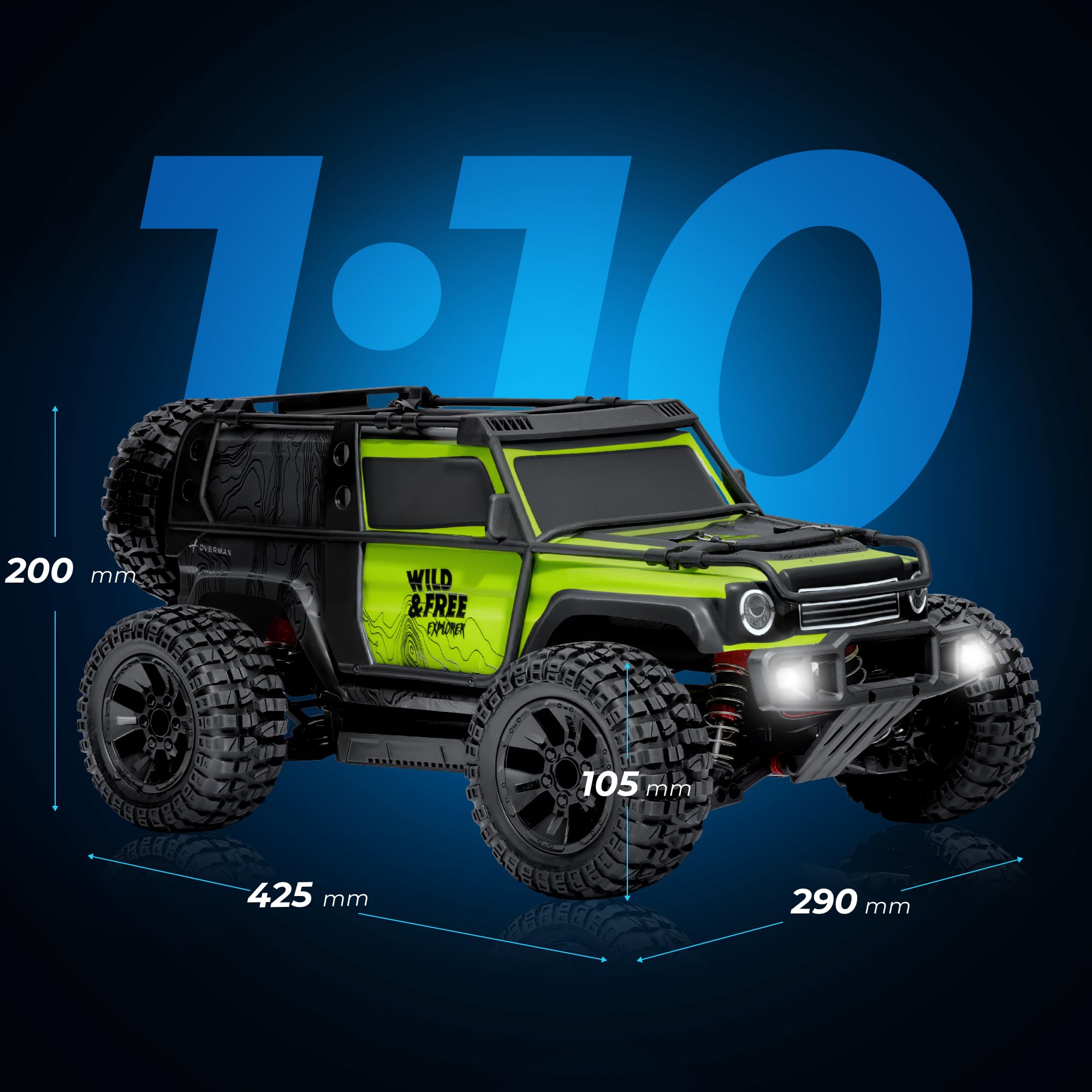 Lionelo Overmax X-Vast zdalnie sterowany samochód 4WD 1:10, 30 km/h Offroad RC, 2,4 GHz, 40 min z 2 akumulatorami, tłumikiem oleju, LED, jazda na dwóch kołach, Crawler dla dzieci 8+ i dorosłych