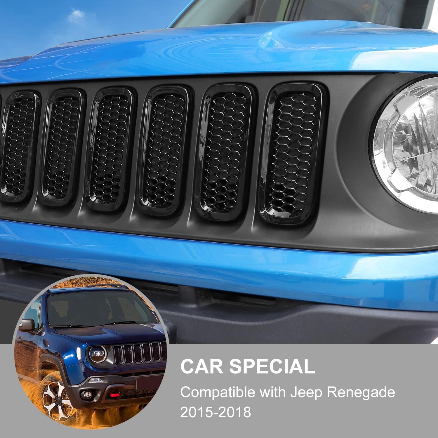 JeCar 7pcs Front Grill Inserts Compatible with Jeep Renegade 2016 2017 2018 - Black Grill Cover Trim Exterior Accessories