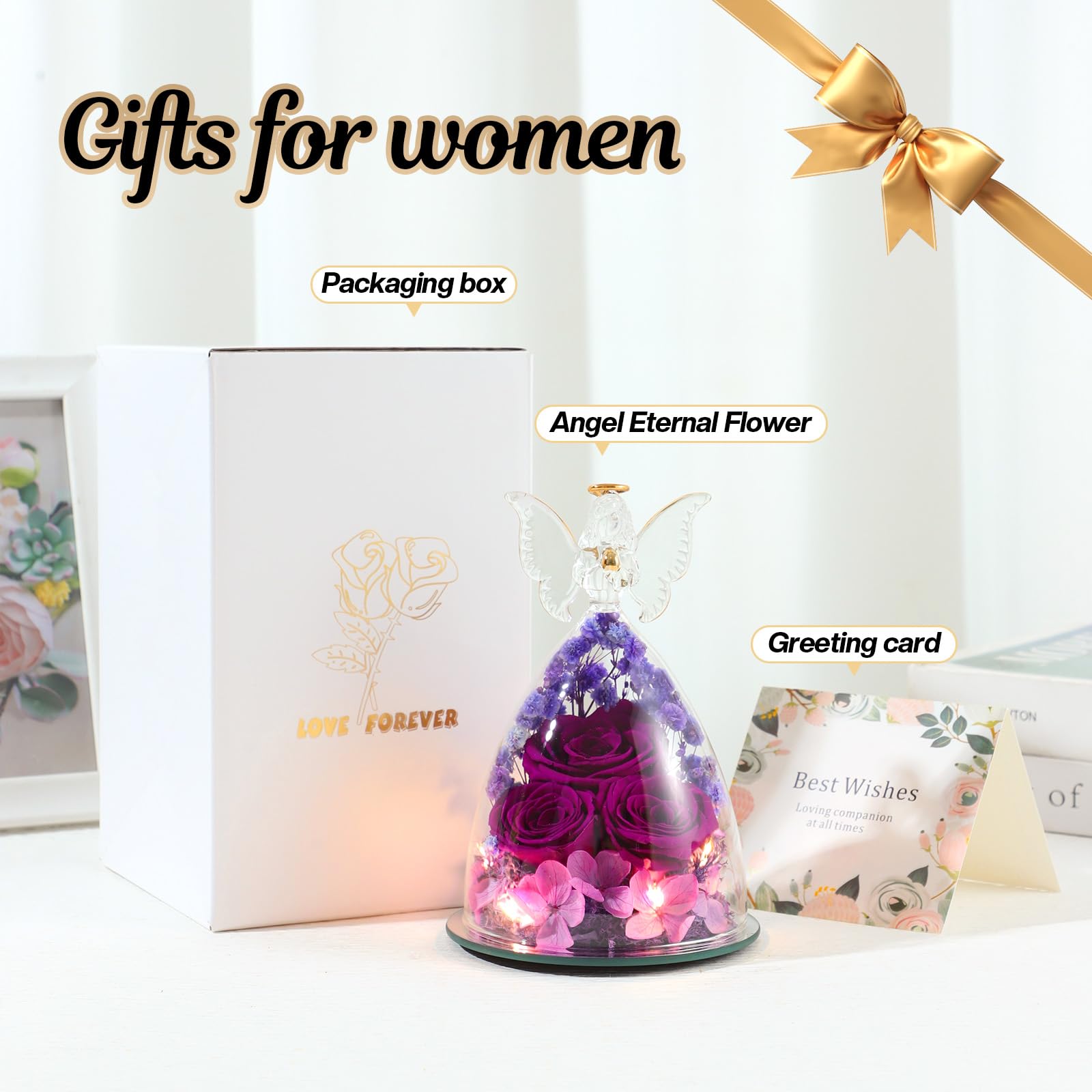 Cadeaux de Roses Eternelles pour Femmes, Cadeau Femme Roses Préservées dans des Figurines d'ange en Verre, Anges de Fleurs pour Maman Grand-mère, Epouse, Sœur, Petite Amie (Violet)