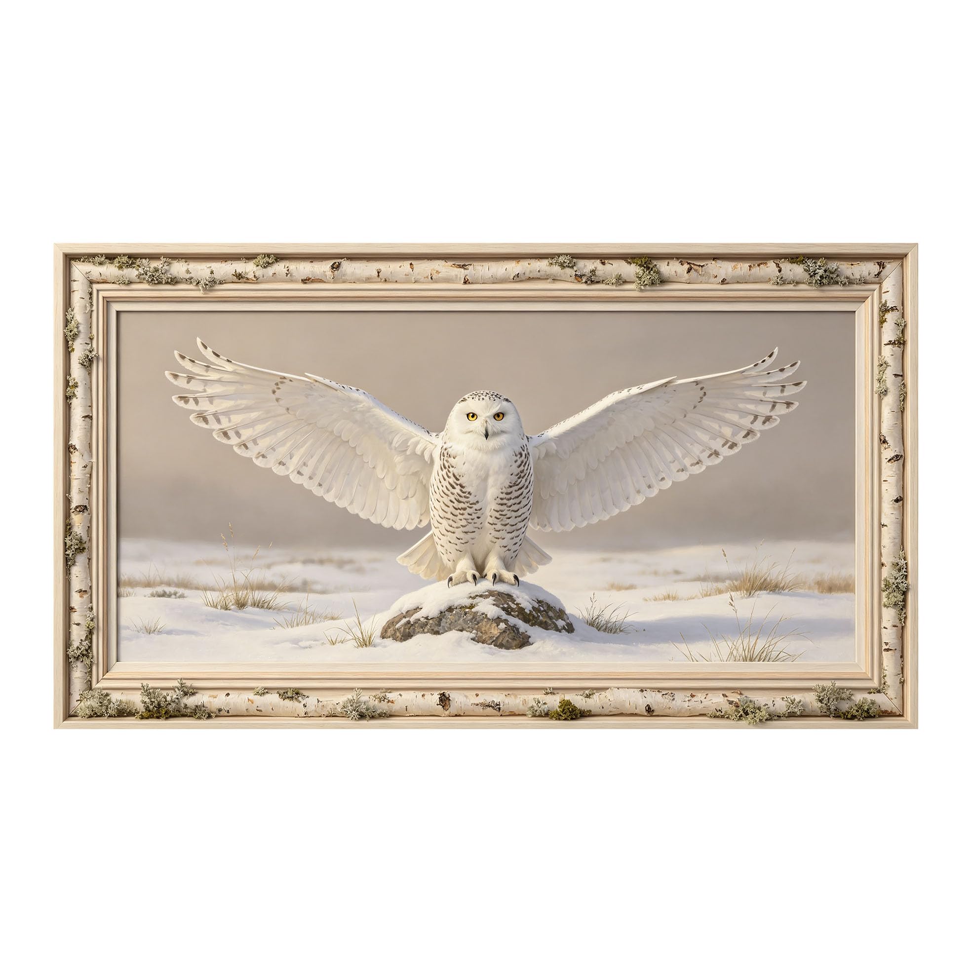Murasolite 3D 3D Framed Wall Art 50cm×90cm Snowy Owl Winter Wildlife Landscape Oil Painting SelfAdhesive Fabric Mural Wall Decor, Peel and Stick No Damage to Wall for Bedroom Living Room