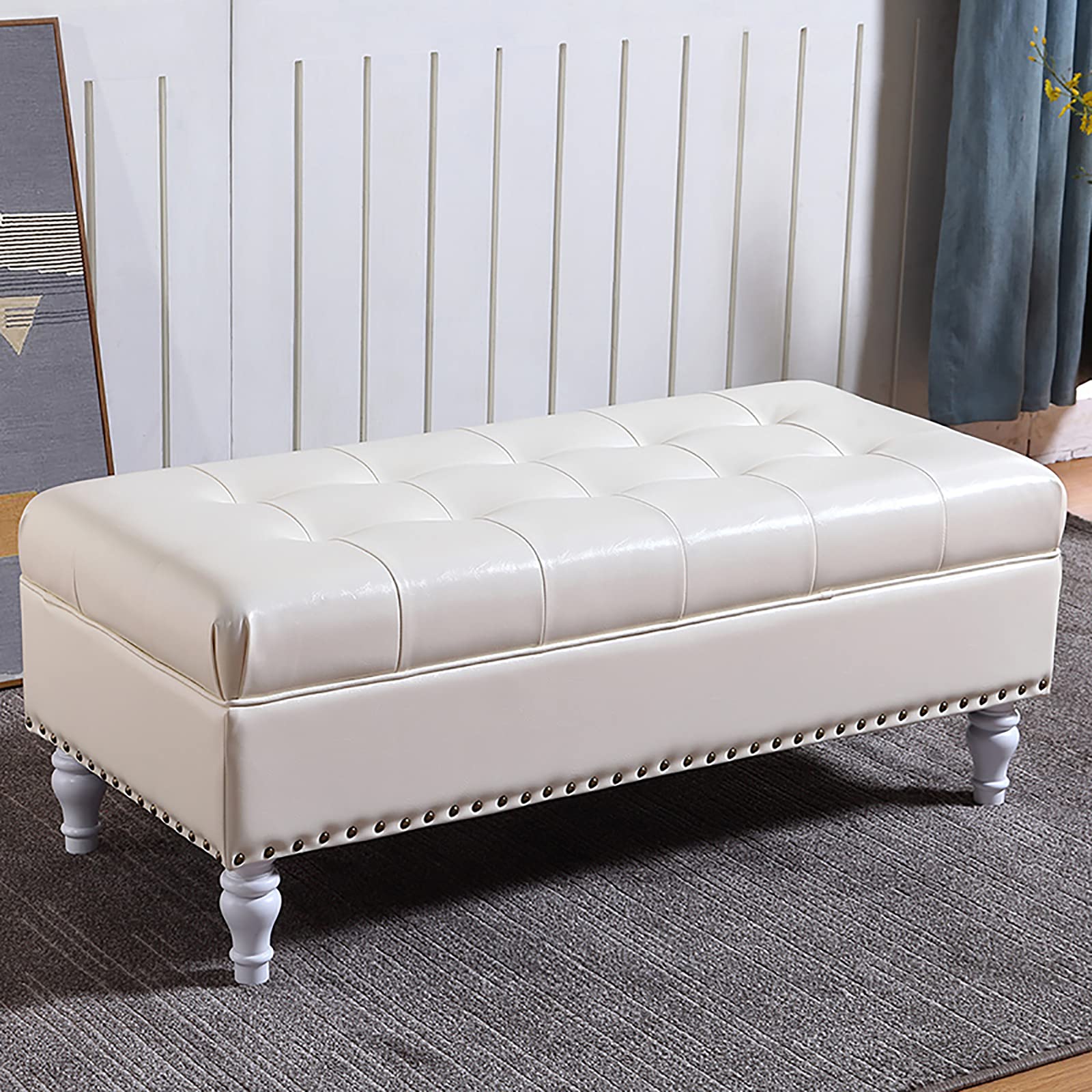 Banc ottoman en similicuir blanc, bout de lit moderne et repose-pieds de salon en bois