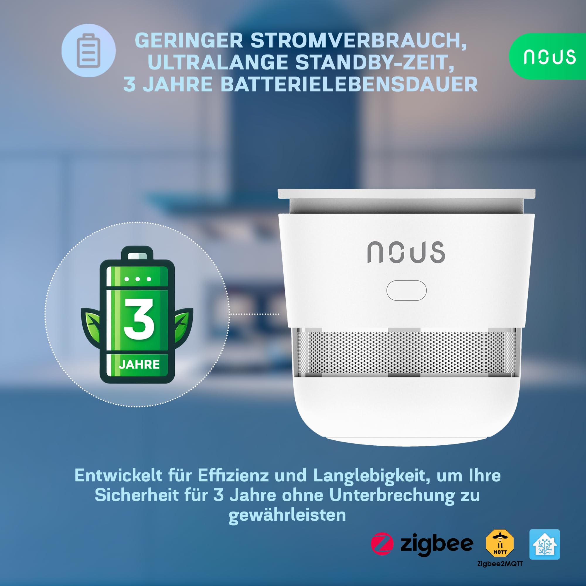 NOUS E8 Détecteur de Fumée Zigbee Intelligent, Capteur Photoélectrique avec Alarme 85dB, Batterie 3 Ans, Contrôle Via Application, Compatible Alexa, Google Assistant, pour Maison Et Bureau