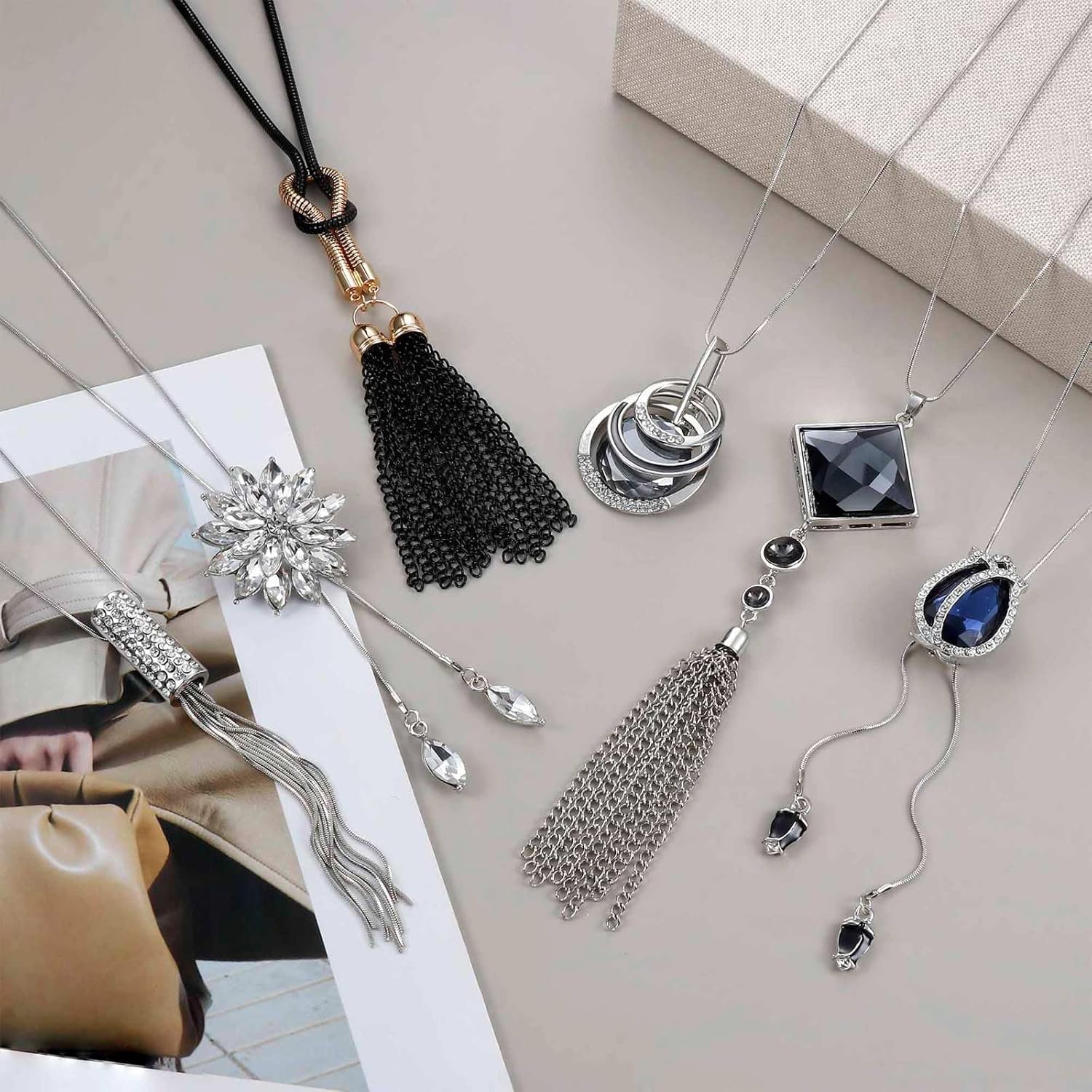 Jstyle 6Pcs Women Long Sweater Necklace Silver Plated Rhinestone Flower Tassel Pendant Neckace Jewelry Women Gifts - Image 5