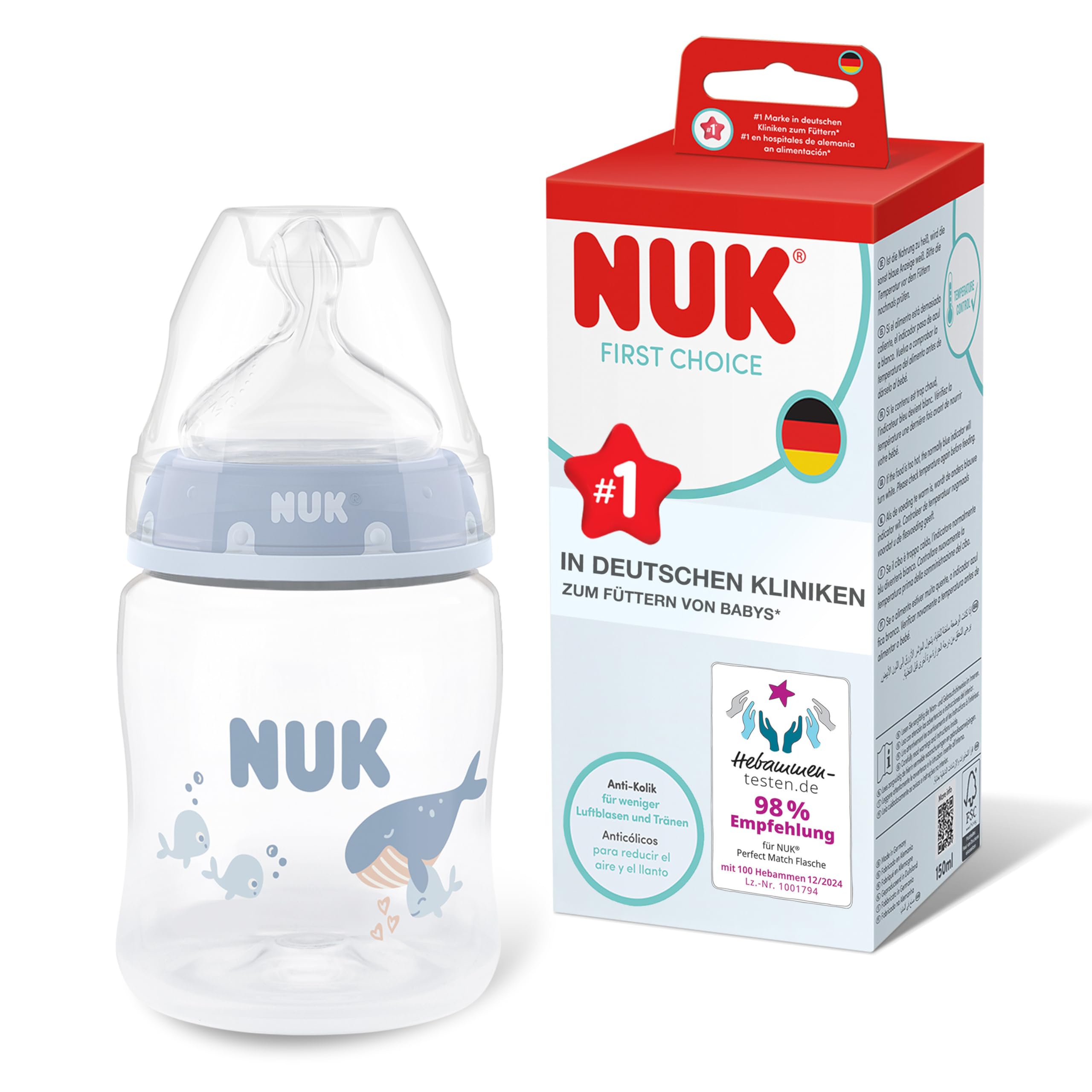 NUK First Choice Butelka dla niemowląt | 0+ miesięcy | 150 ml | Butelka przeciwkolkowa | PP | Wskaźnik kontroli temperatury | Wieloryb | 1 sztuka