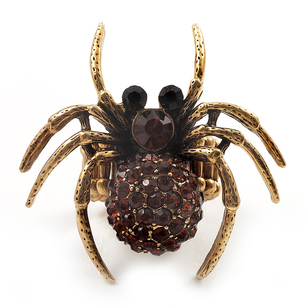 AvalayaStunning Amber Coloured Crystal Spider Stretch Cocktail Ring (Burn Silver Metal)