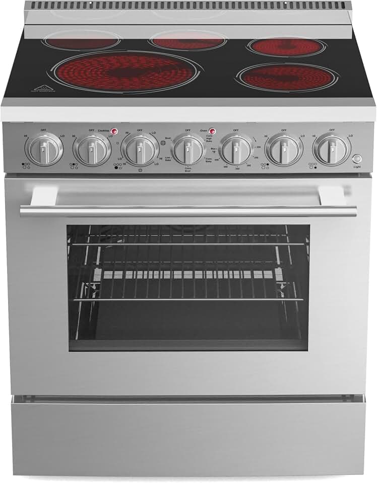 Electric Range Oven with 5 Radiant Elements Ceramic Glass Cooktop,4.38 Cu.Ft Oven Stainless Steel with 2 Racks,Freestanding,30 Inch Electric Range,Independent Knob Controls