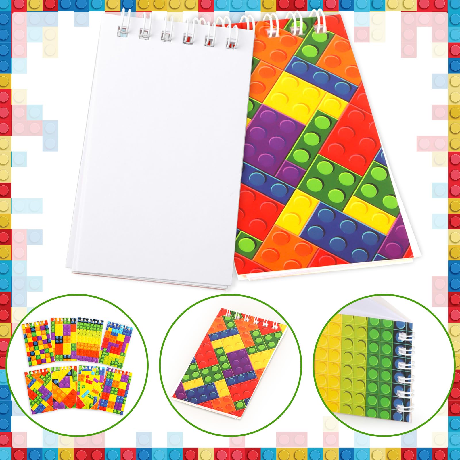 Atiloy Paquete de 24 mini cuadernos de bloques de construcción a granel, coloridos blocs de notas en espiral para niños, suministros de fiesta temática de carnaval, decoración para adolescentes, niñas
