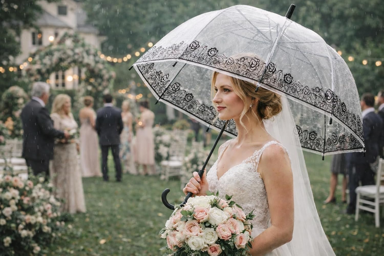 Clear Dome Wedding Umbrella for Women – Transparent Bubble Bridal Umbrella with Lace Trim and Black Hook Handle, Windproof See-Through Dome